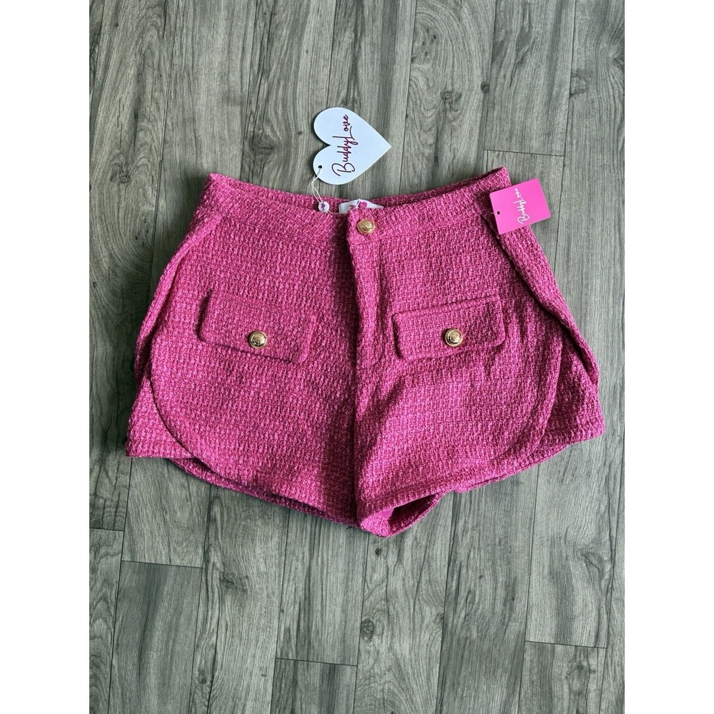 NWT BuddyLove‎ Mae Tweed High-Waisted Shorts in Pink with Gold Buttons - Size M.